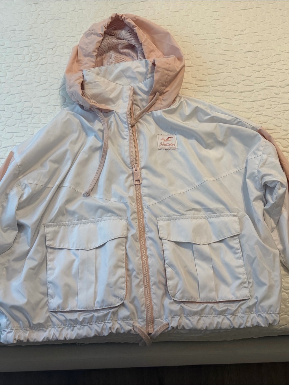 Hollister  White and Light Pink Hooded Rain Jacket